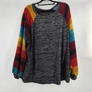 Womens Heathered Gray Rainbow Sleeve Top Sweatshirt Pullover Long Sleeve Comfy